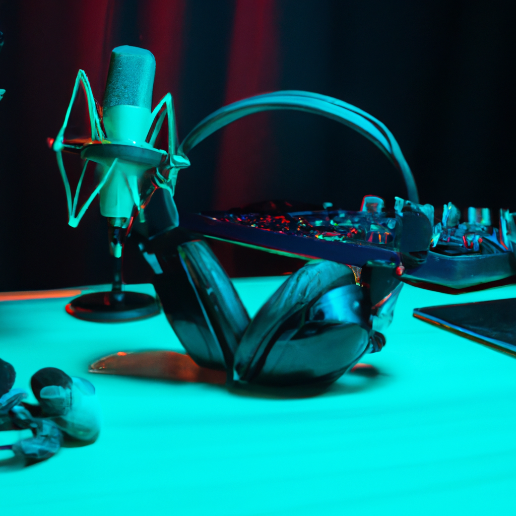 Podcast studio table with microphones, headphones, and teal lighting